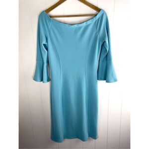 Yoana Baraschi Baby Blue Off the Shoulder Long Sleeve Midi Cocktail Dress M